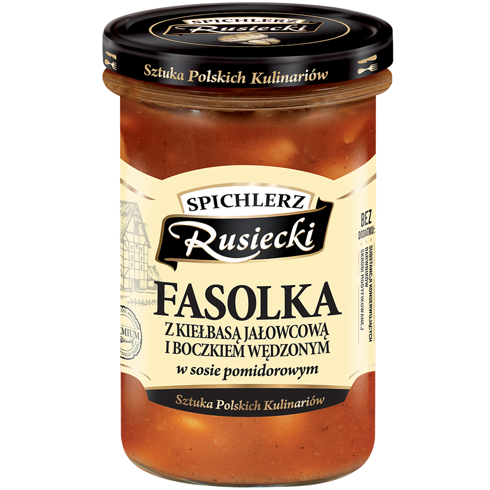 SPICHLERZ RUSIECKI Fasolka z kiełbasą jałowcową i boczkiem wędzonym w sosie pomidorowym 470 g
