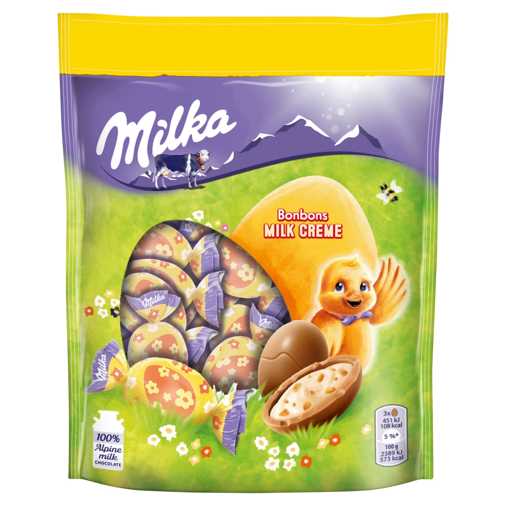 MILKA Cukierki czekoladowe jajka z nadzieniem mlecznym i kawałkami orzechów 86g