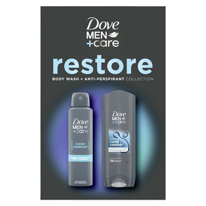 DOVE MEN+CARE Zestaw Restore: żel pod prysznic 250 ml + antyperspirant w aerozolu 150 ml