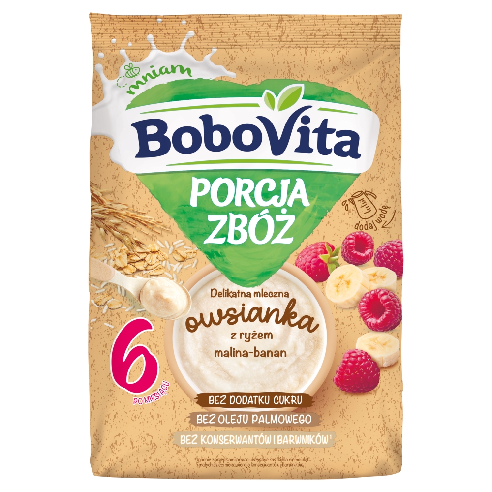 BOBOVITA PORCJA ZBÓŻ Delikatna mleczna owsianka z ryżem malina-banan po 6 miesiącu 210 g