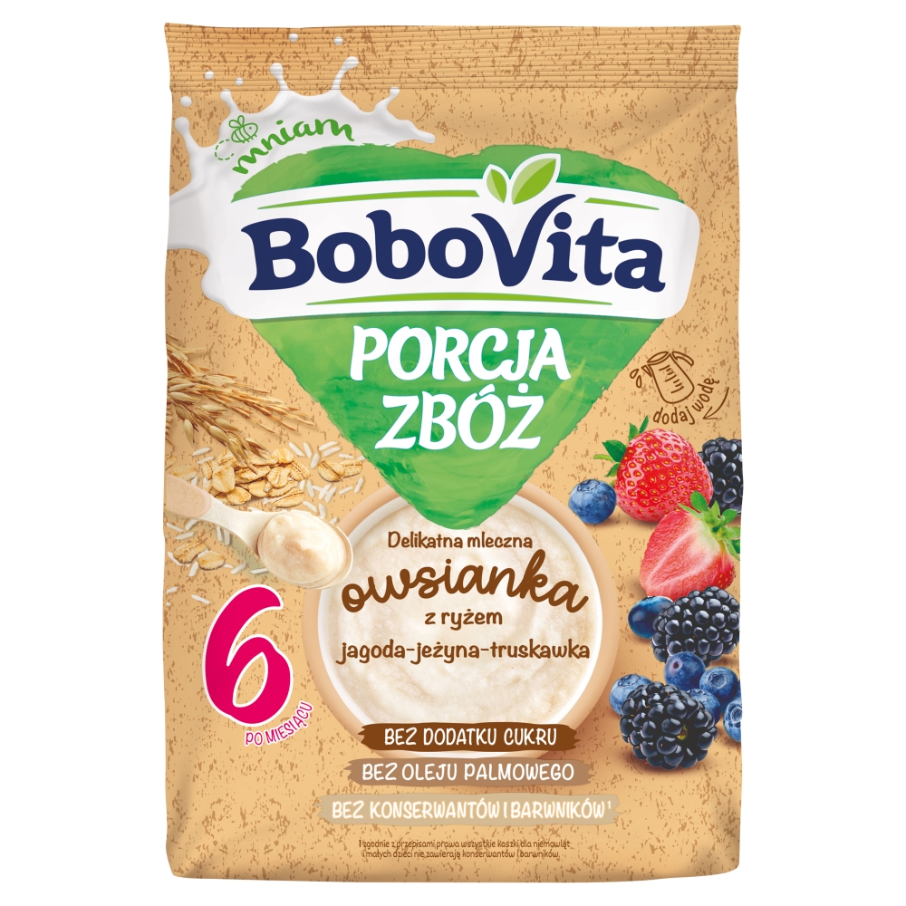 BOBOVITA PORCJA ZBÓŻ Delikatna mleczna owsianka z ryżem jagoda-jeżyna-truskawka po 6 miesiącu 210 g