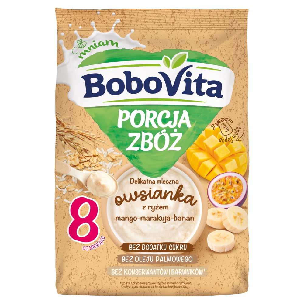 BOBOVITA PORCJA ZBÓŻ Delikatna mleczna owsianka z ryżem mango-marakuja-banan po 8 miesiącu 210 g