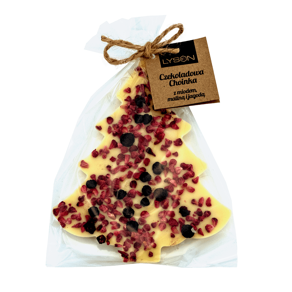 ŁYSOŃ Czekolada biała z miodem malinami i jagodami w kształcie choinki 85 g
