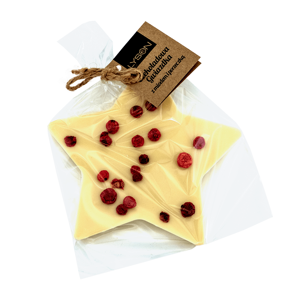 ŁYSOŃ Czekolada biała z miodem i porzeczkami w kształcie gwiazdki 85 g